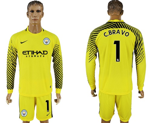 Manchester City #1 C.Bravo Yellow Goalkeeper Long Sleeves Soccer Club Jersey - Click Image to Close